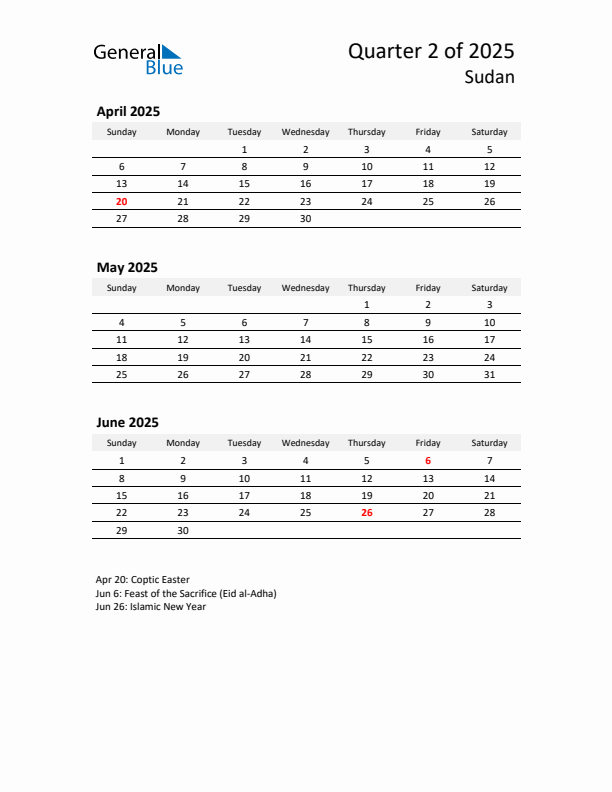 2025 Q2 Three-Month Calendar for Sudan