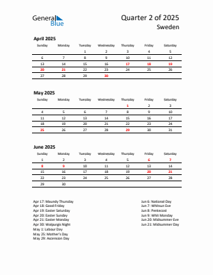 Sweden Quarter 2 2025 calendar template