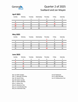 Svalbard and Jan Mayen Quarter 2 2025 calendar template