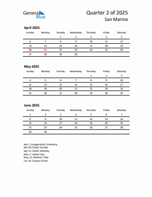San Marino Quarter 2 2025 calendar template