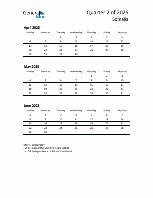 Somalia Quarter 2 2025 calendar template