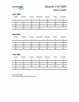South Sudan Quarter 2 2025 calendar template