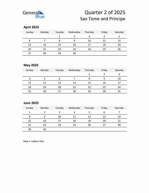 2025 Q2 Three-Month Calendar for Sao Tome and Principe
