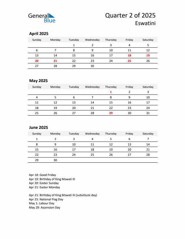 2025 Q2 Three-Month Calendar for Eswatini