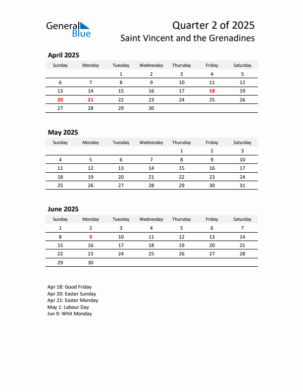 2025 Q2 Three-Month Calendar for Saint Vincent and the Grenadines