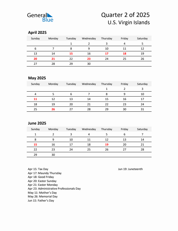 2025 Q2 Three-Month Calendar for U.S. Virgin Islands