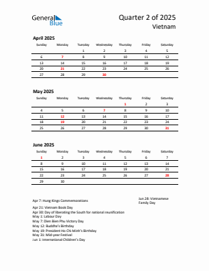 Vietnam Quarter 2 2025 calendar template