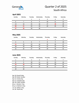 South Africa Quarter 2 2025 calendar template