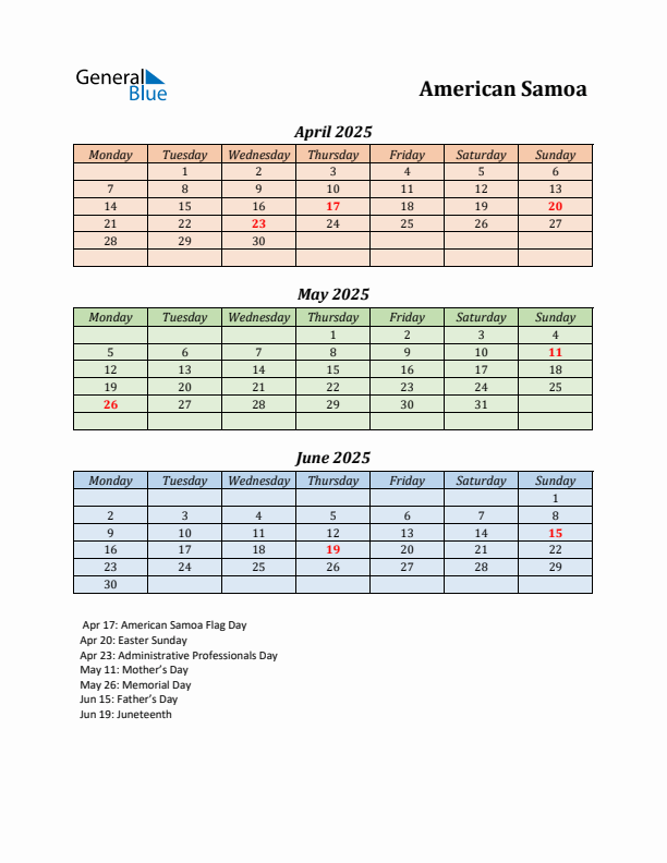 Q2 2025 Holiday Calendar - American Samoa