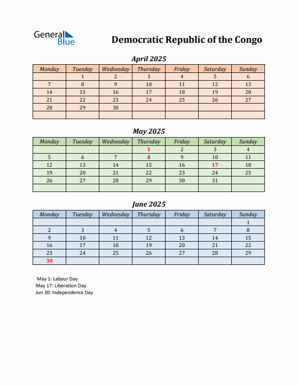 Q2 2025 Holiday Calendar - Democratic Republic of the Congo