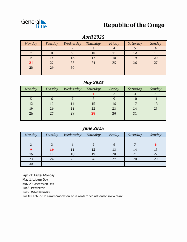 Q2 2025 Holiday Calendar - Republic of the Congo