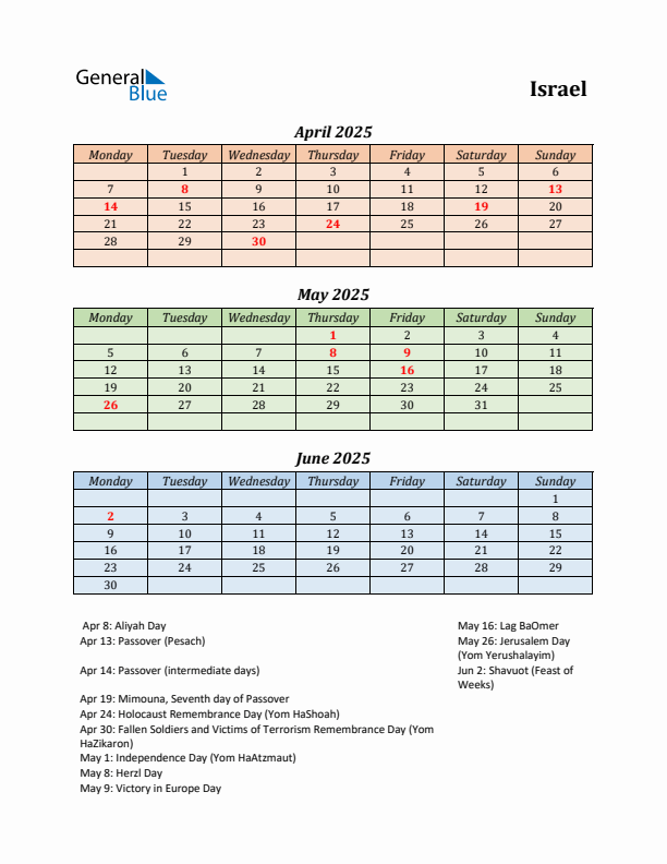 Q2 2025 Holiday Calendar - Israel