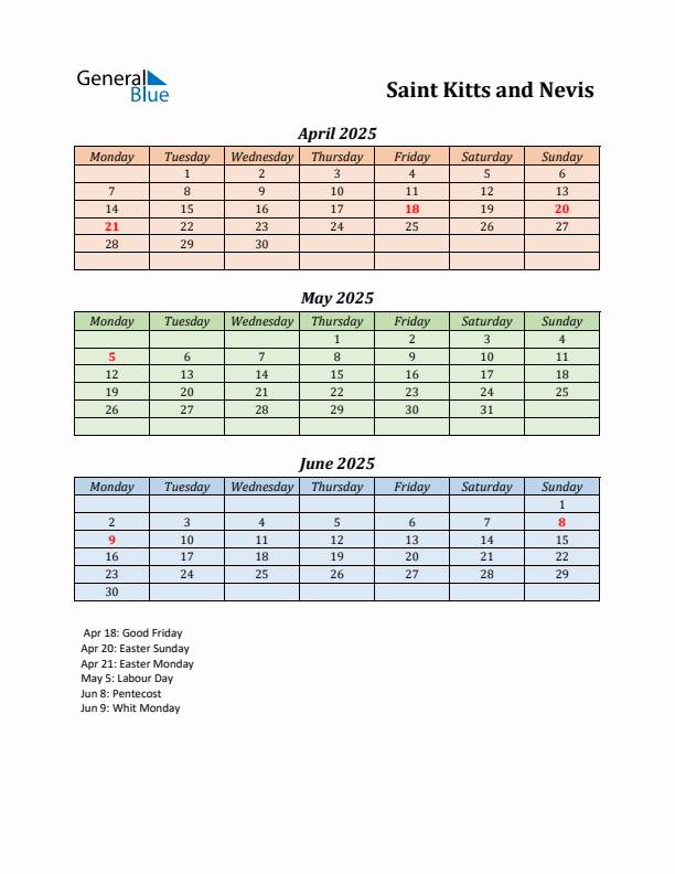 Q2 2025 Holiday Calendar - Saint Kitts and Nevis