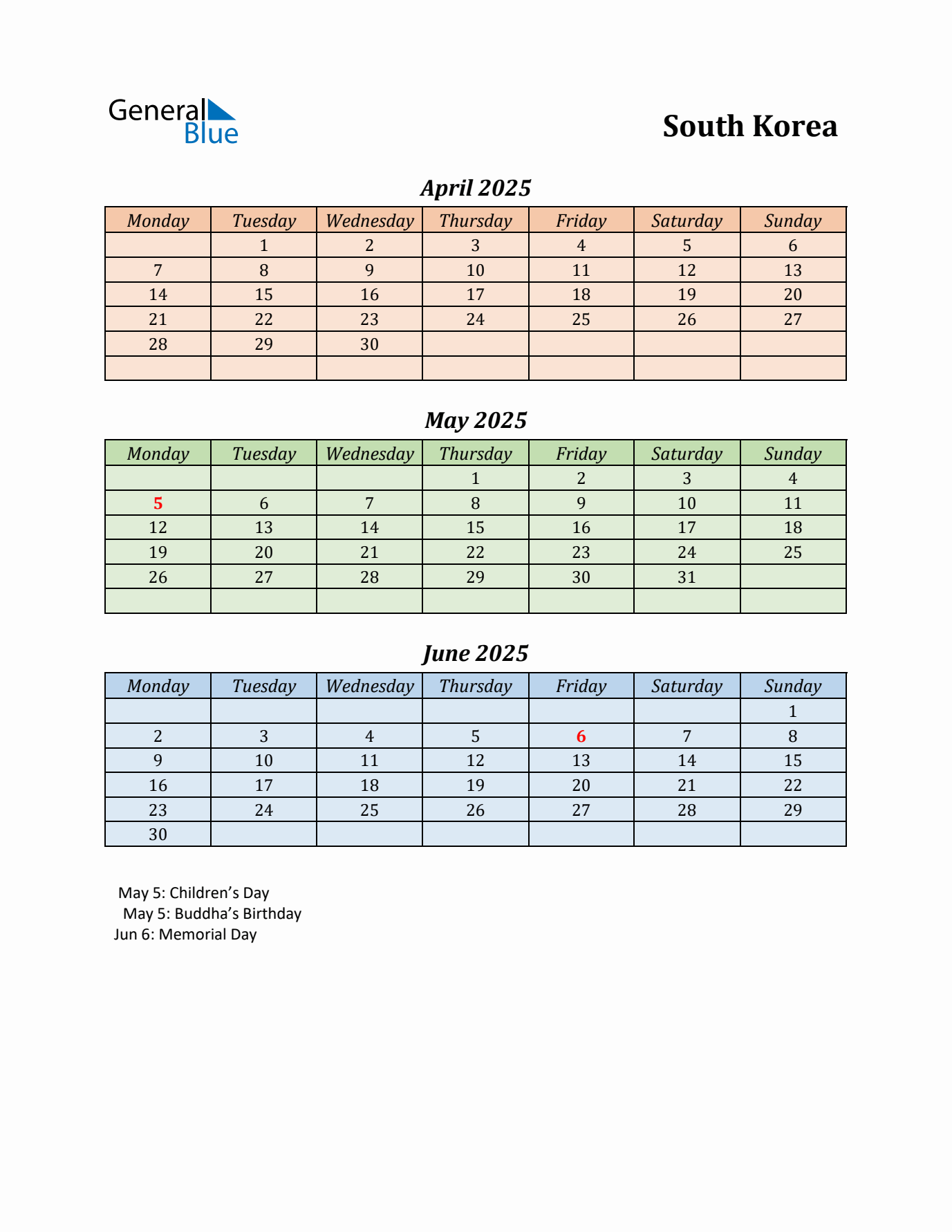 Q2 2025 Holiday Calendar - South Korea