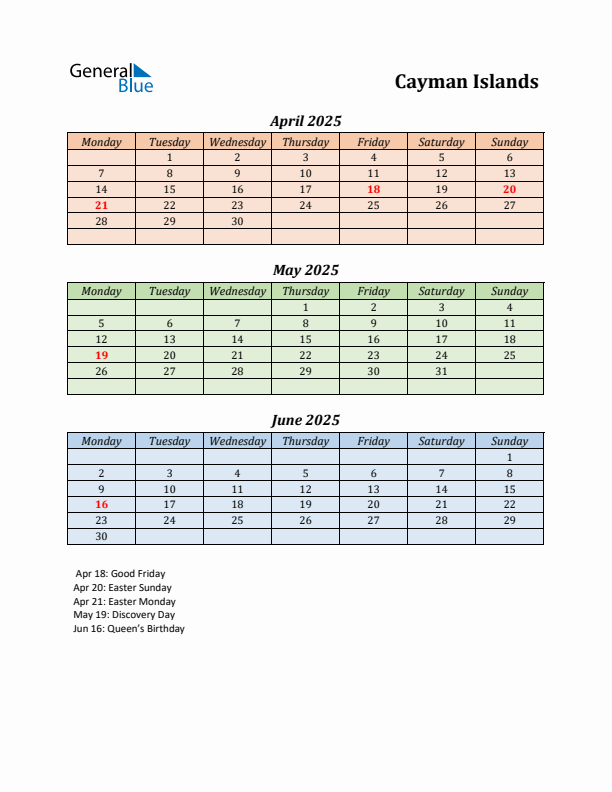 Q2 2025 Holiday Calendar - Cayman Islands