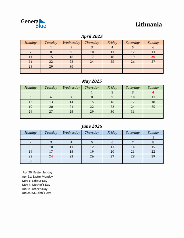 Q2 2025 Holiday Calendar - Lithuania