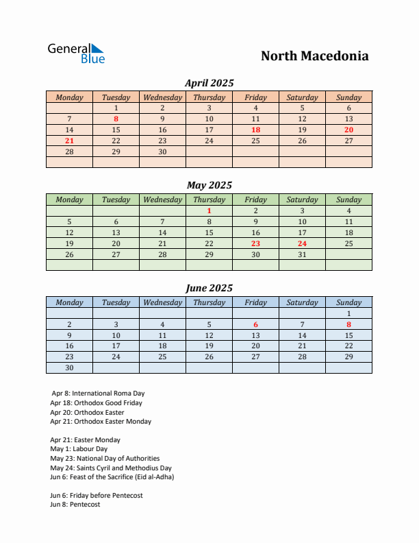 Q2 2025 Holiday Calendar - North Macedonia