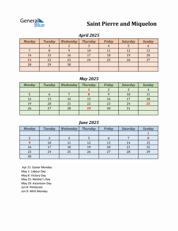 Q2 2025 Holiday Calendar - Saint Pierre and Miquelon
