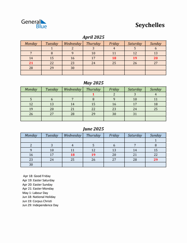 Q2 2025 Holiday Calendar - Seychelles