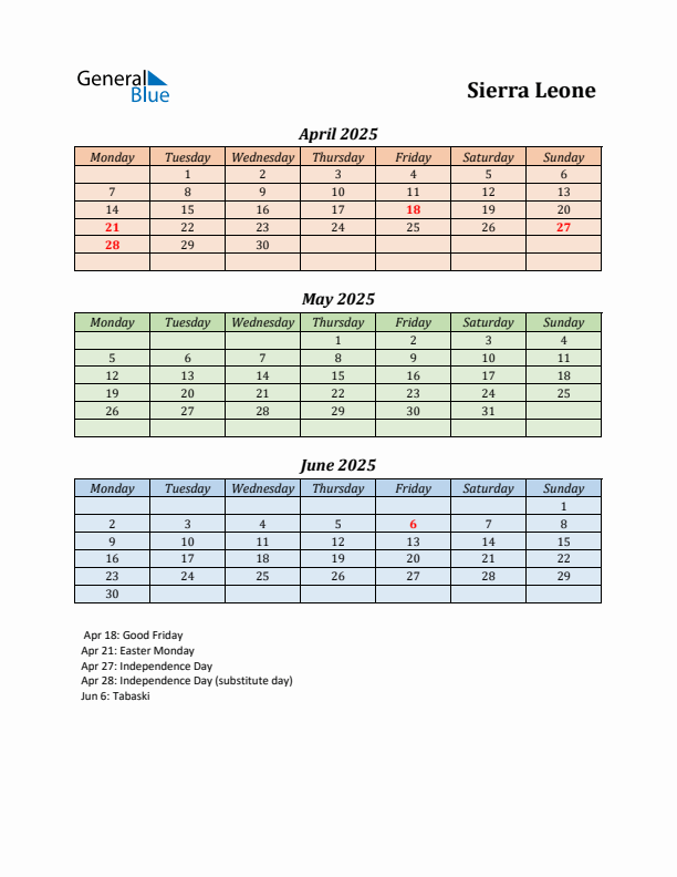 Q2 2025 Holiday Calendar - Sierra Leone