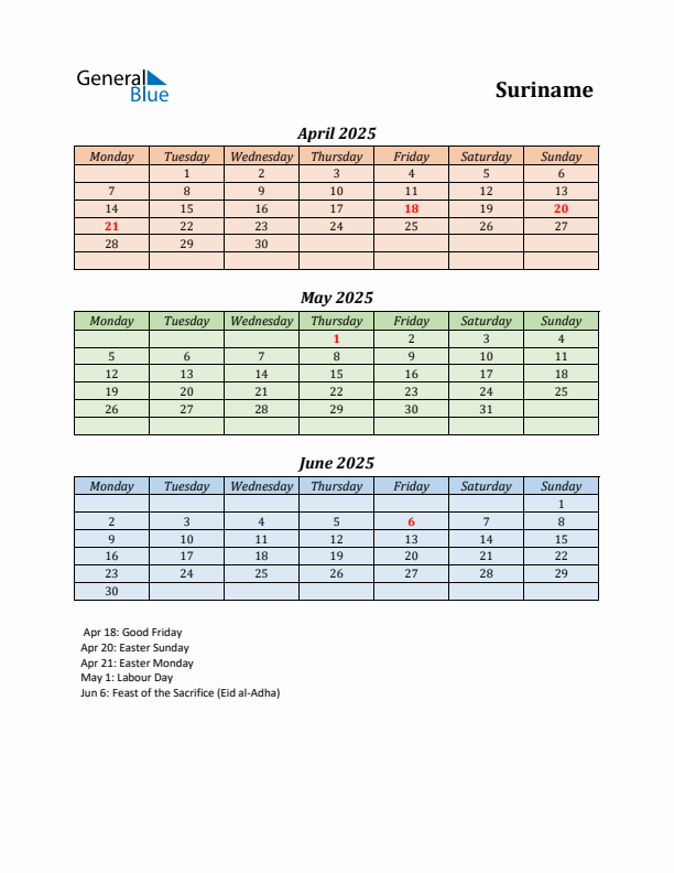 Q2 2025 Holiday Calendar - Suriname