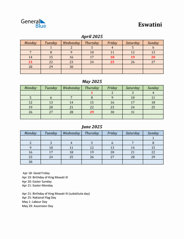 Q2 2025 Holiday Calendar - Eswatini