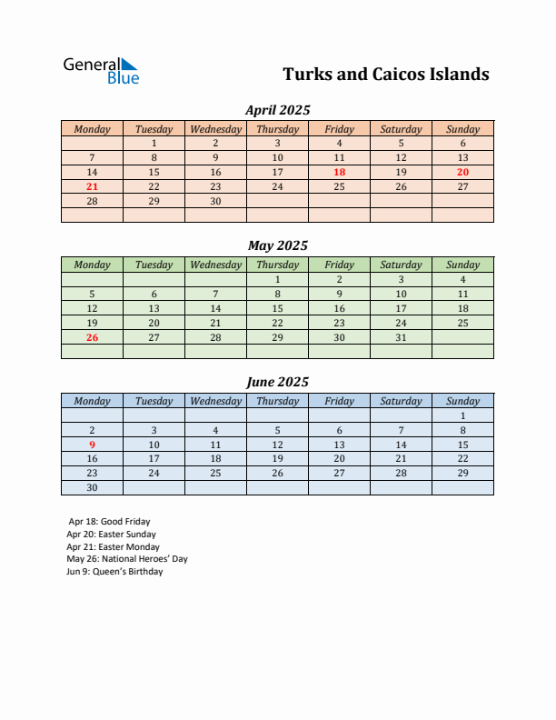 Q2 2025 Holiday Calendar - Turks and Caicos Islands