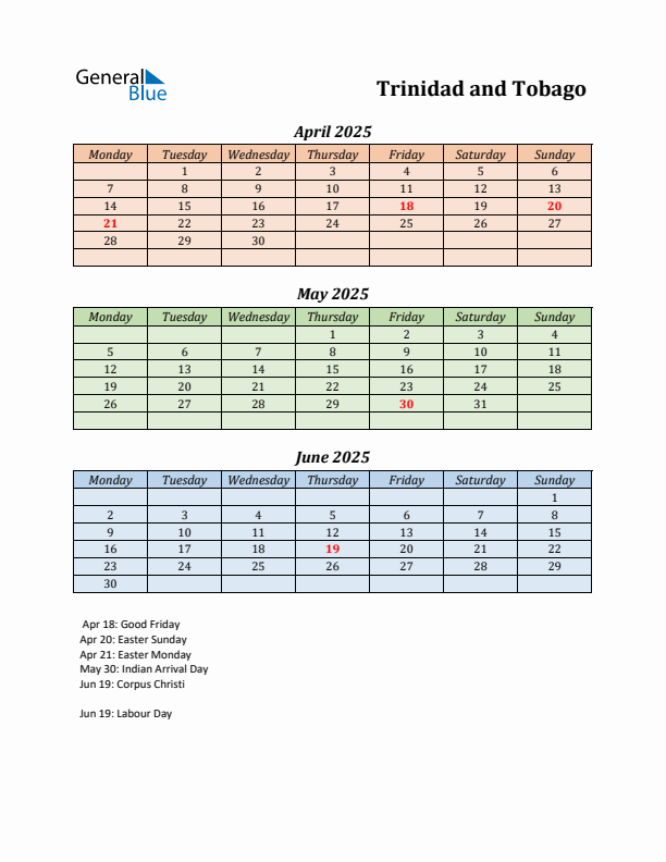 Q2 2025 Holiday Calendar - Trinidad and Tobago