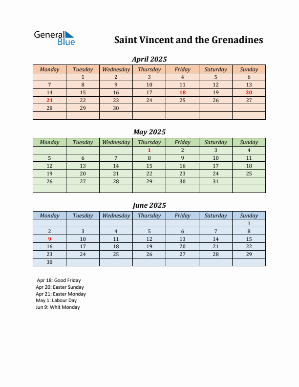 Q2 2025 Holiday Calendar - Saint Vincent and the Grenadines