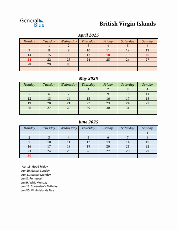 Q2 2025 Holiday Calendar - British Virgin Islands