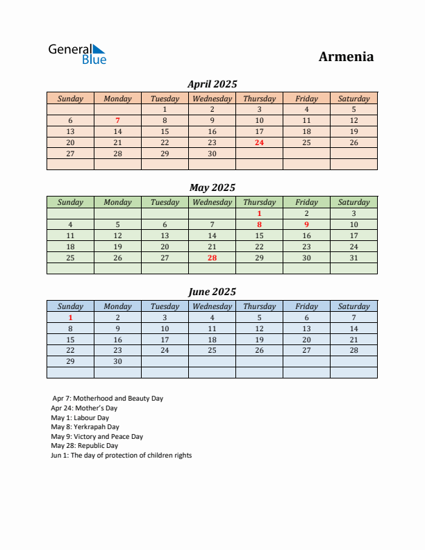Q2 2025 Holiday Calendar - Armenia
