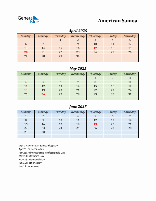 Q2 2025 Holiday Calendar - American Samoa