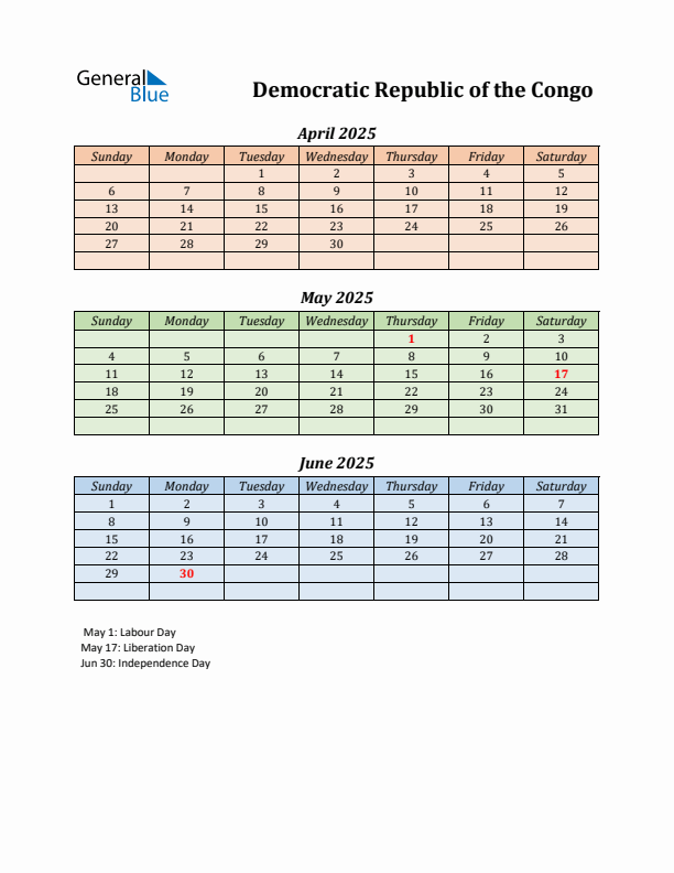 Q2 2025 Holiday Calendar - Democratic Republic of the Congo