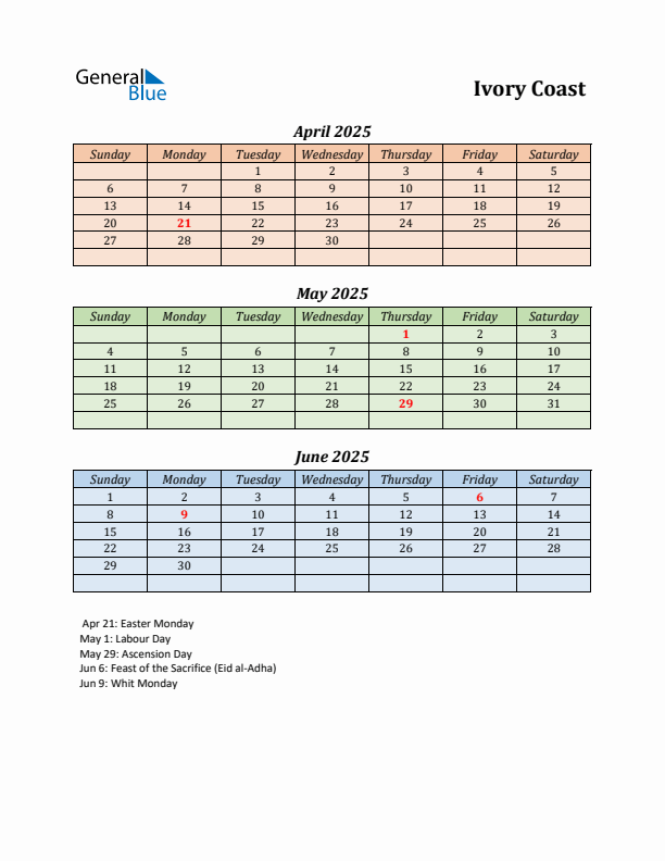 Q2 2025 Holiday Calendar - Ivory Coast