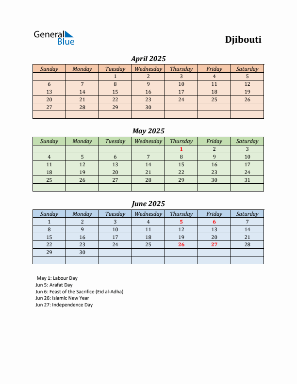 Q2 2025 Holiday Calendar - Djibouti