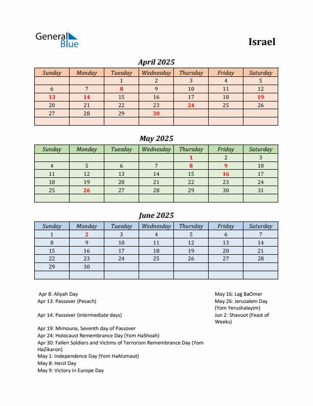 Q2 2025 Holiday Calendar - Israel