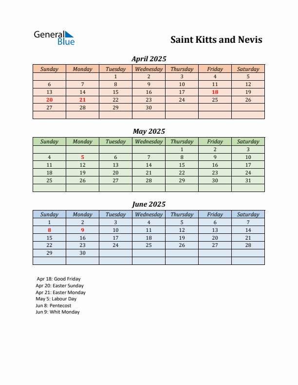 Q2 2025 Holiday Calendar - Saint Kitts and Nevis