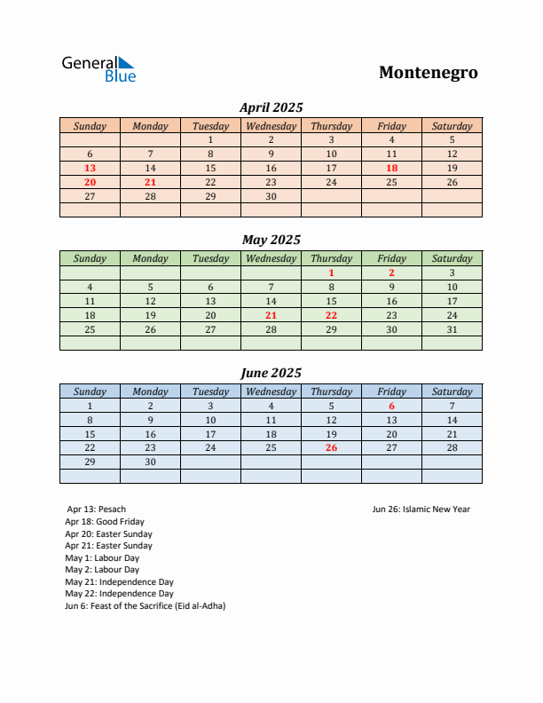 Q2 2025 Holiday Calendar - Montenegro