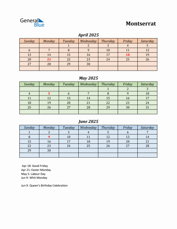 Q2 2025 Holiday Calendar - Montserrat