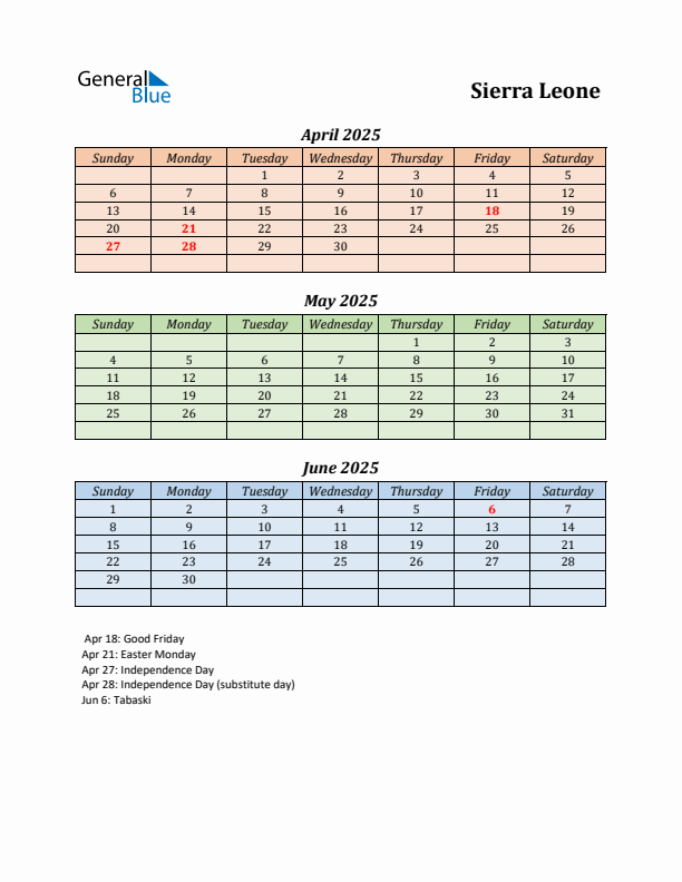 Q2 2025 Holiday Calendar - Sierra Leone