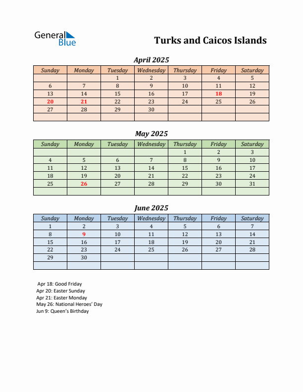 Q2 2025 Holiday Calendar - Turks and Caicos Islands