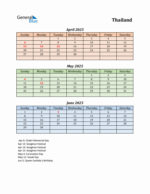 Q2 2025 Holiday Calendar - Thailand