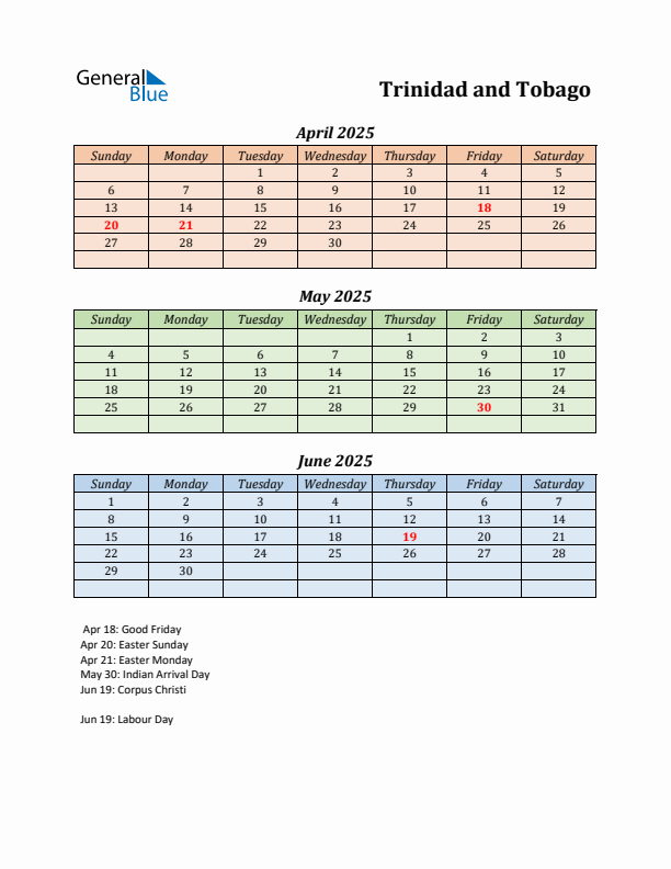 Q2 2025 Holiday Calendar - Trinidad and Tobago