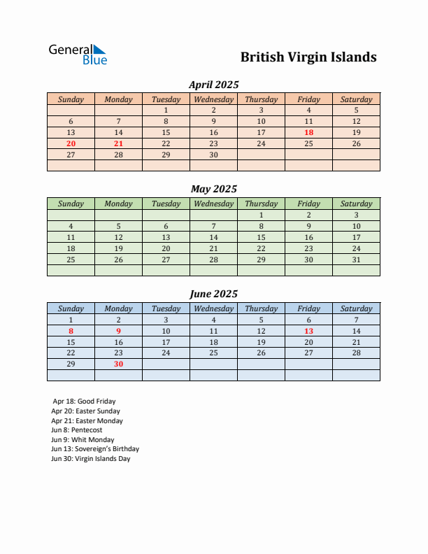 Q2 2025 Holiday Calendar - British Virgin Islands