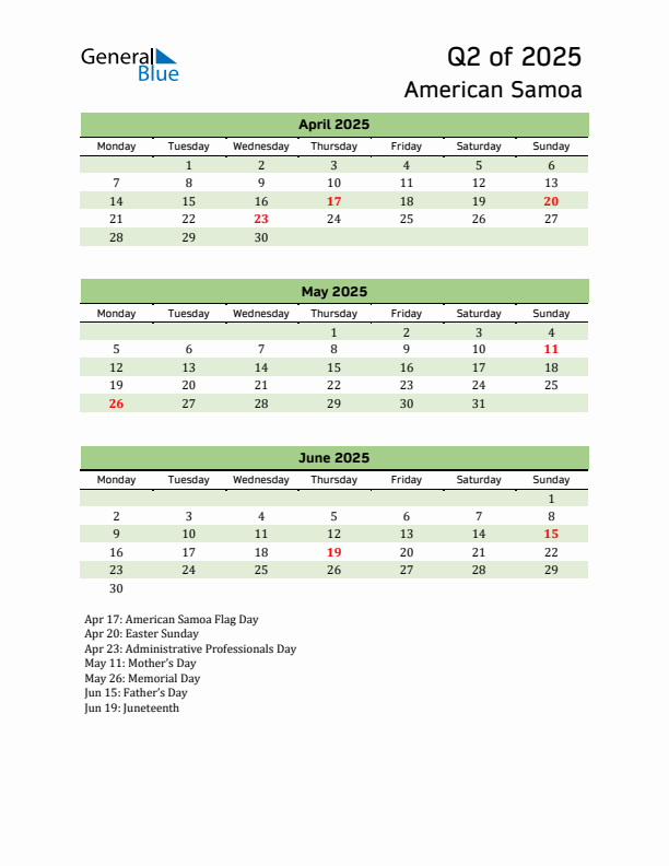 Quarterly Calendar 2025 with American Samoa Holidays