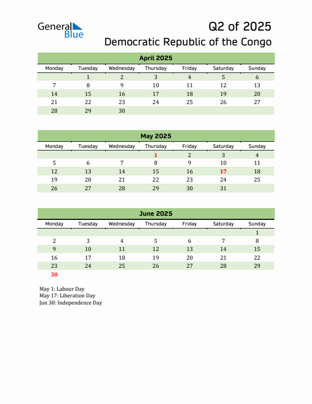 Quarterly Calendar 2025 with Democratic Republic of the Congo Holidays