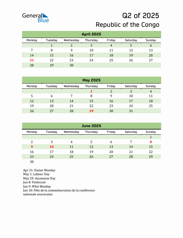 Quarterly Calendar 2025 with Republic of the Congo Holidays
