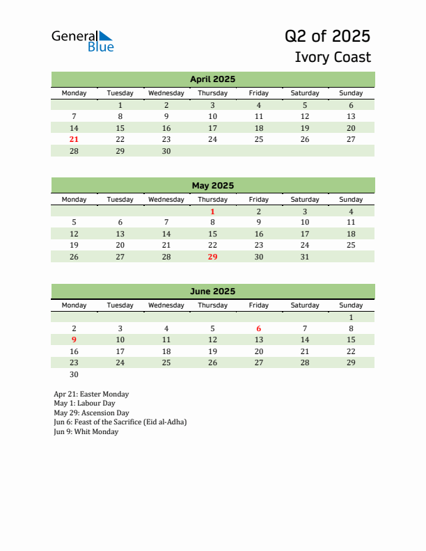 Quarterly Calendar 2025 with Ivory Coast Holidays