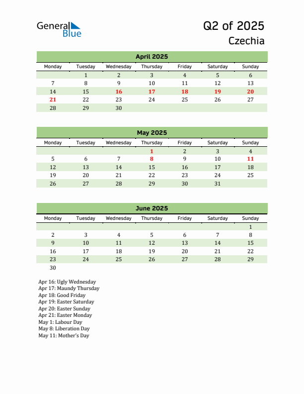 Quarterly Calendar 2025 with Czechia Holidays