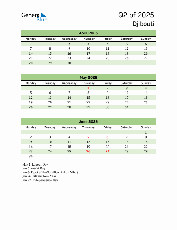 Quarterly Calendar 2025 with Djibouti Holidays